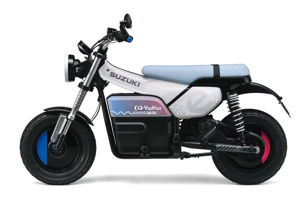 Suzuki's e-VanVan electric minibike concept pictured against a white background.