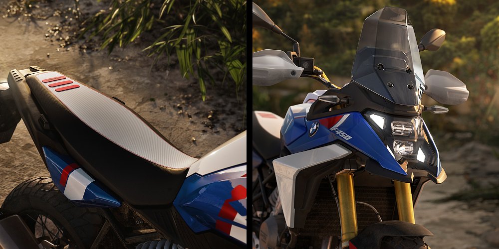 Close-up images of the F 450 GS's accessory Rallye seat and touring seat.