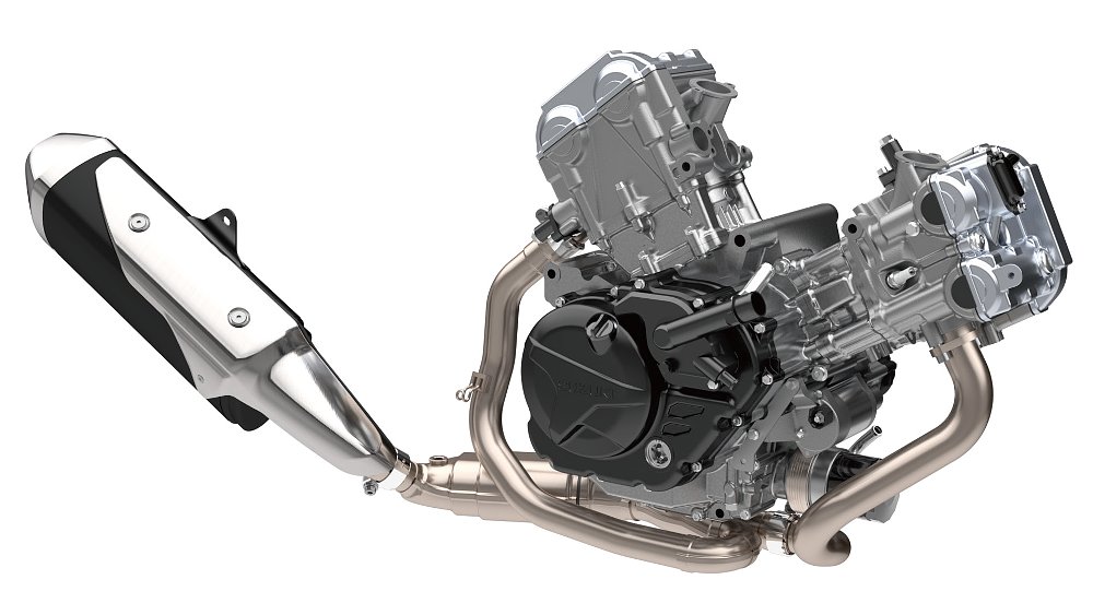 A wide shot of Suzuki's 90-degree 645 cc V-twin against a white background.