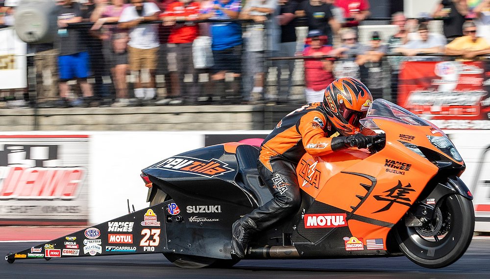 A one-two finish for the guys in orange in NHRA Pro Stock Motorcycle drag racing