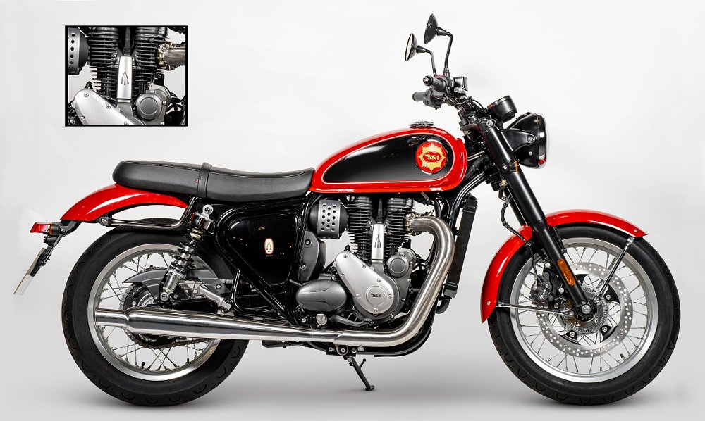 studio photo of a red and chrome BSA Gold Star