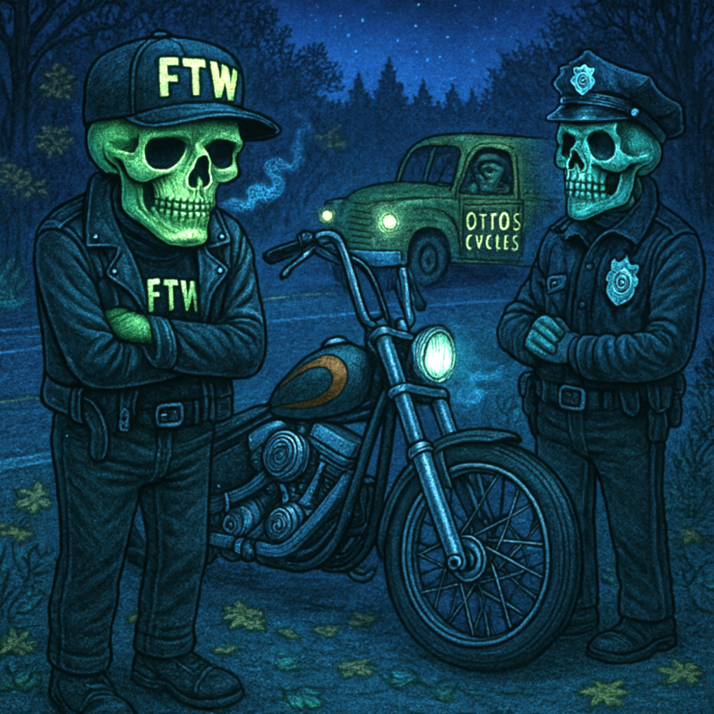 cartoon drawing of rider with skeletal face by the side of the road at night with a police officer looking on