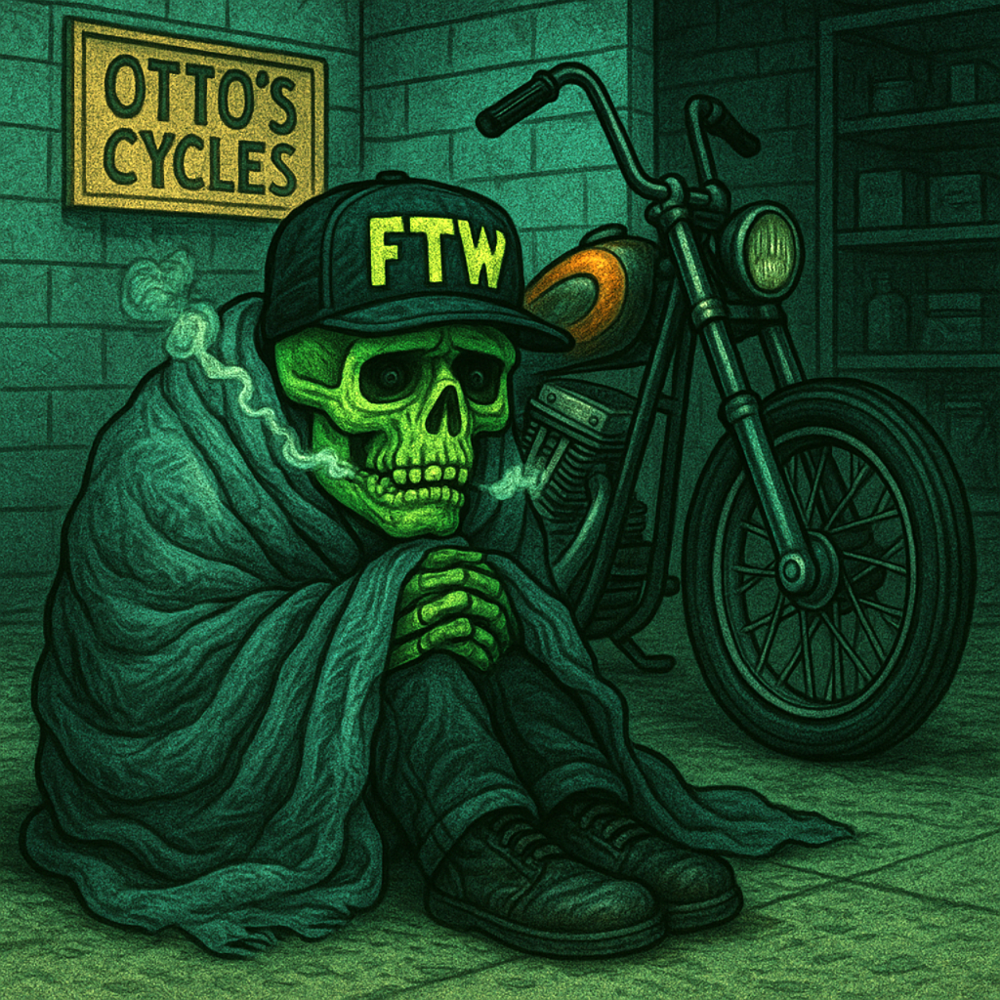 Herman huddled under a blanket next to his motorcycle