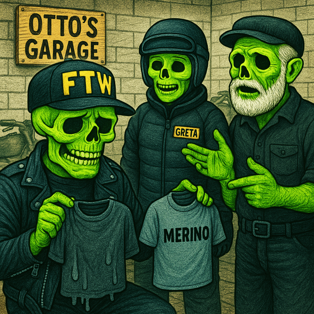 Herman and other riders holding base layer shirts