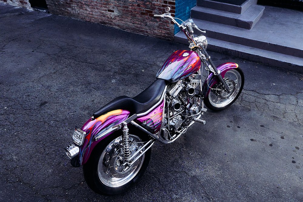 overhead view of FXR custom with multi-colored paint and lots of chrome