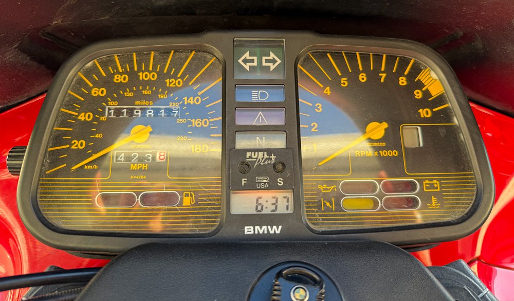 close view of the old style but information-rich gauges on the K1