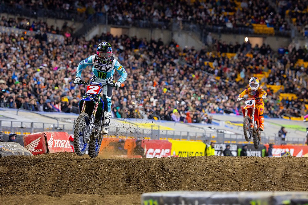 Cooper Webb completes the whoops as Supercross fans look on from the stands.