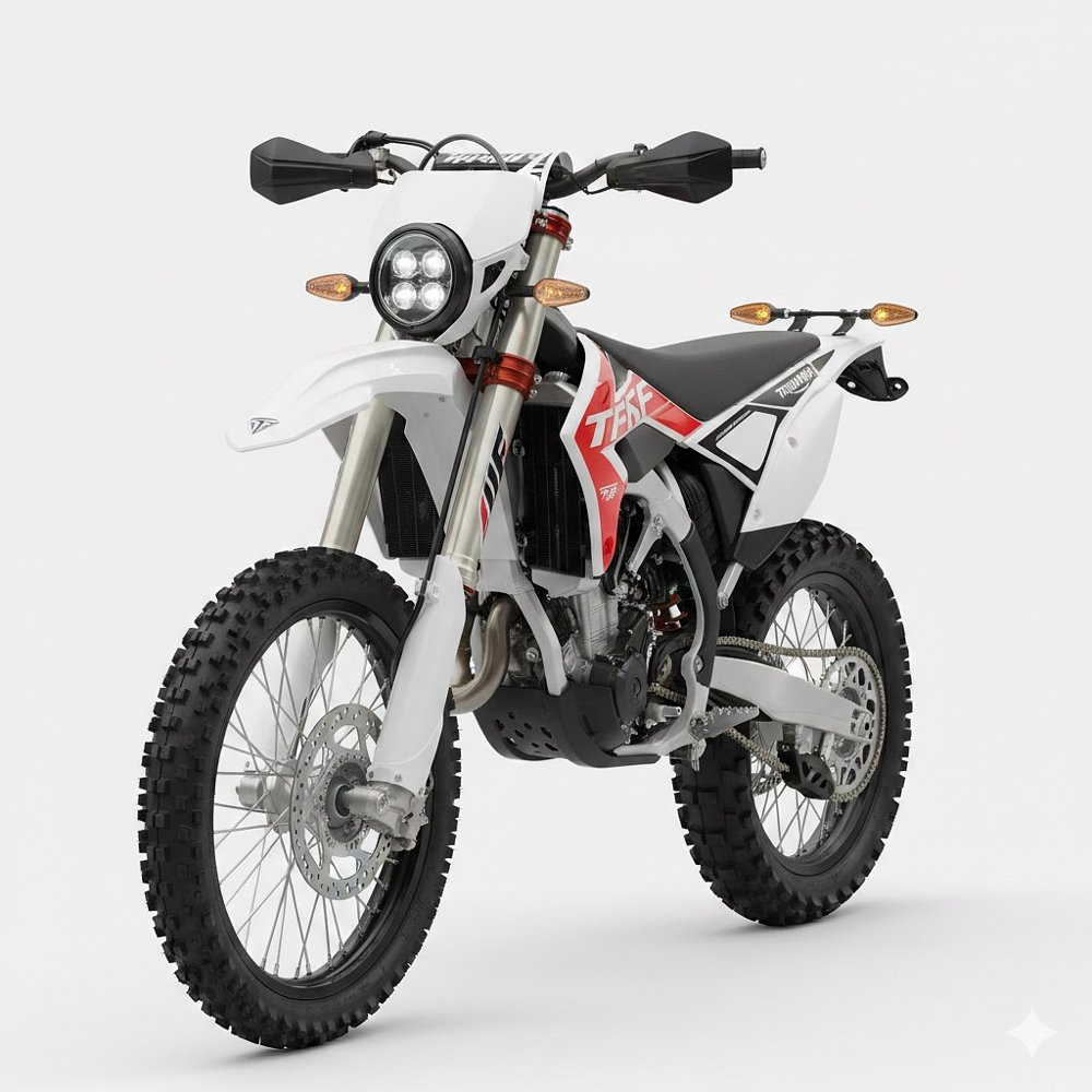 image of a white Triumph off-road motorcycle with lights but the rear turn signals point forward instead of toward the rear