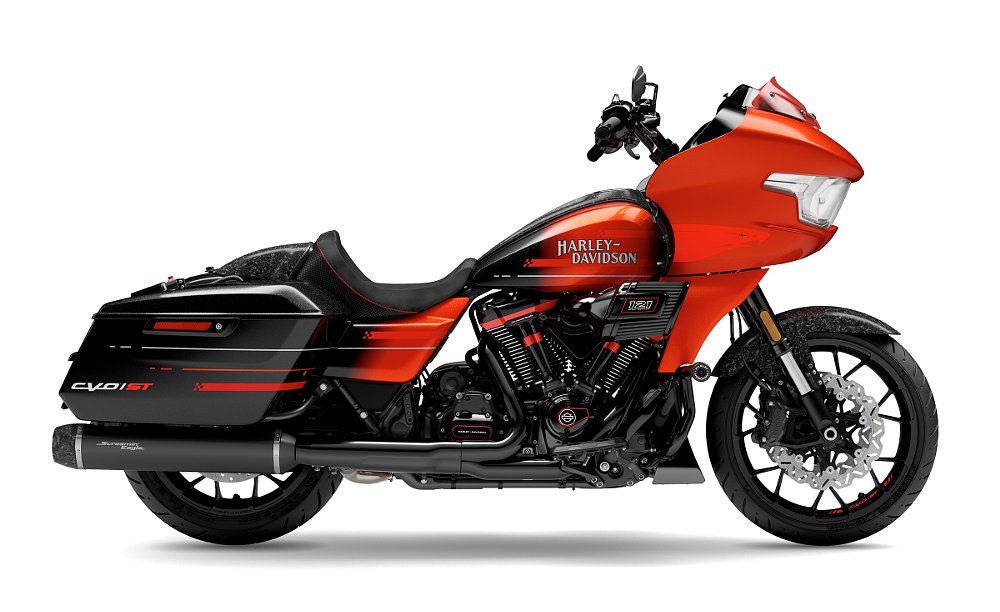 studio photo of the orange and black CVO Road Glide ST