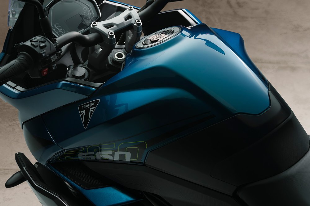 A close-up of the Tiger Sport 660's larger 4.9-gallon fuel tank.