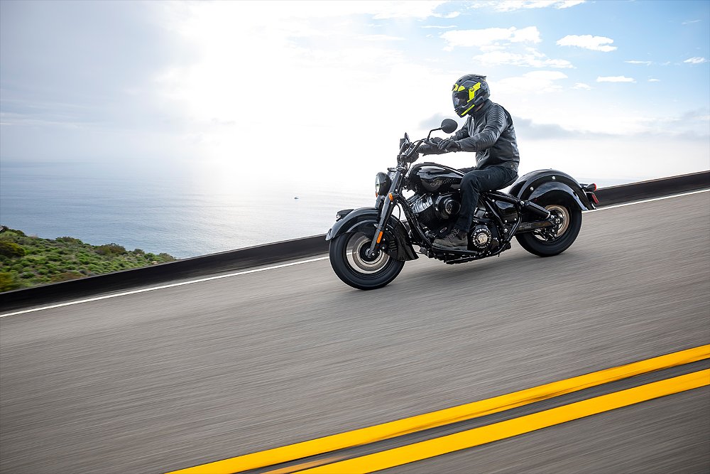 Dustin rides the Indian Chief Vintage down a steep mountain road.