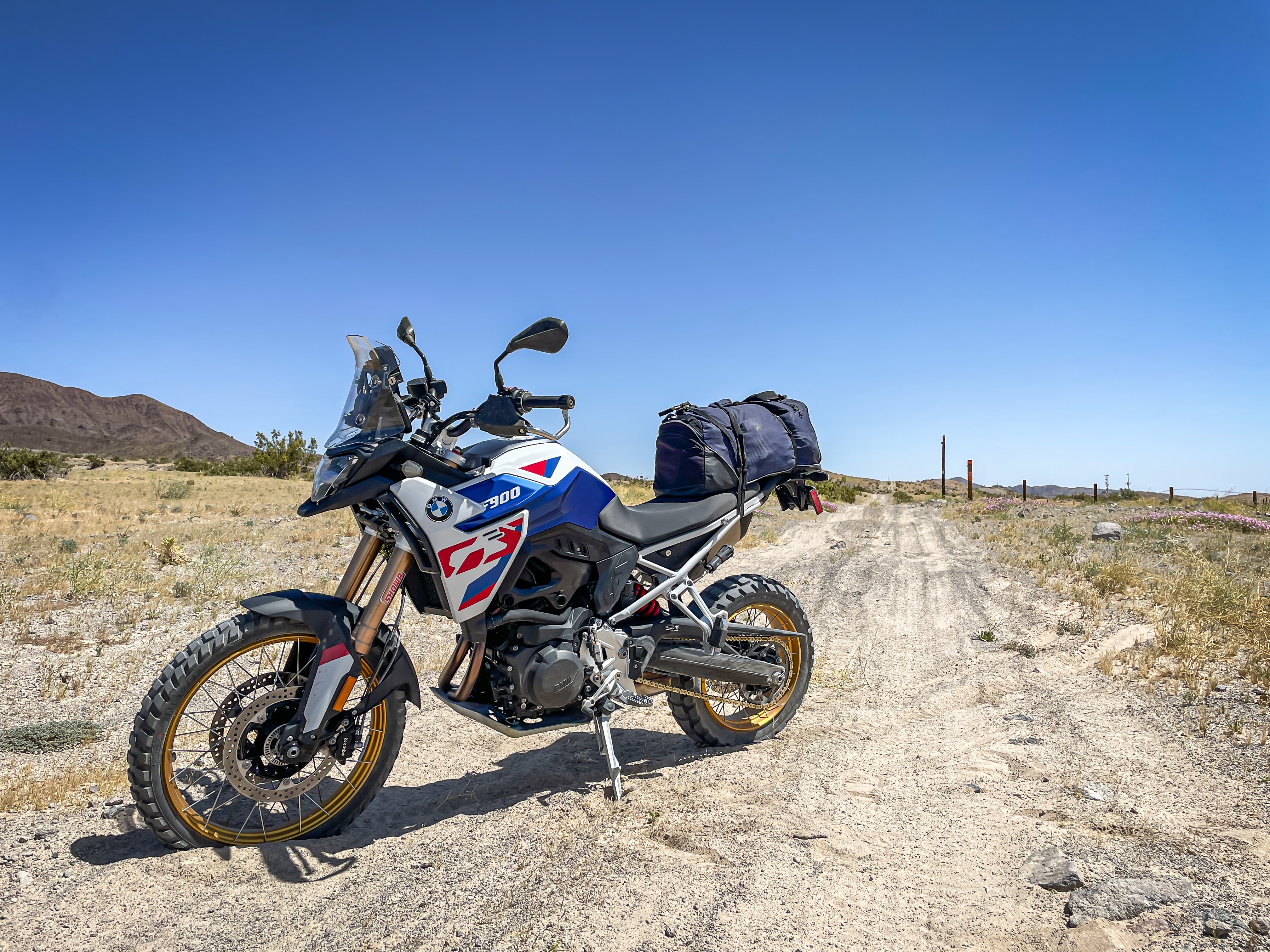 Stuck in the sands of the Mojave Desert on a BMW F 900 GS adventure motorcycle