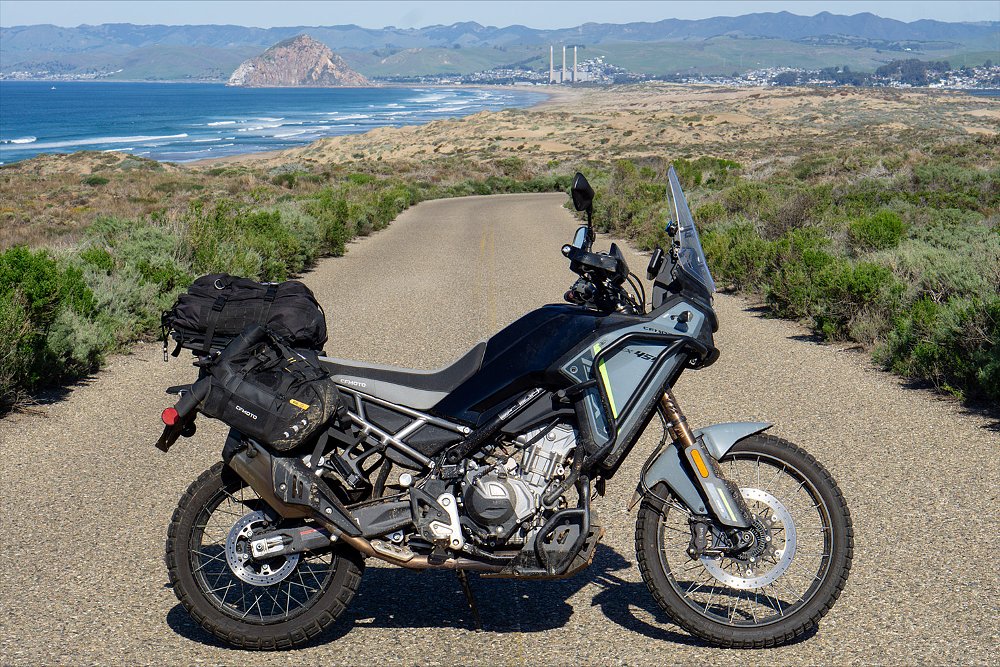 The Ibex 450 framed by the Morro Bay shoreline.