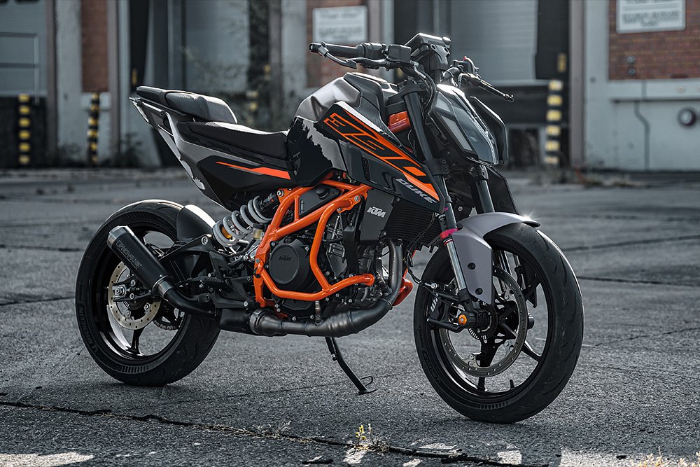 The KTM 390 Duke staged in an urban location.