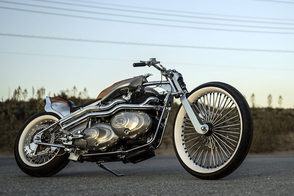 low angle view of the long custom motorcycle with raked front end