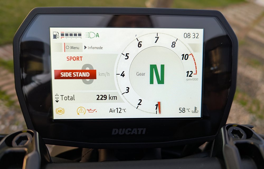 view of the TFT display home screen on the Ducati Monster