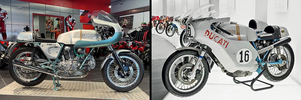 Images of the 750 Super Sport Desmo and 750 Imola Desmo on display.
