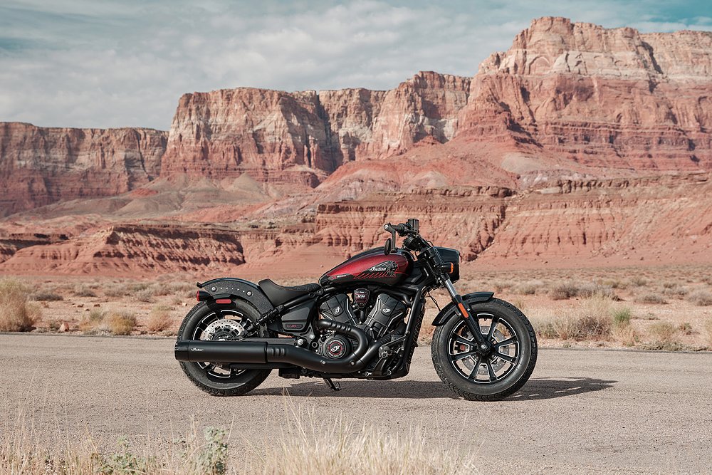 The Scout Bobber 125th Anniversary Edition pictured in a desert landscape.
