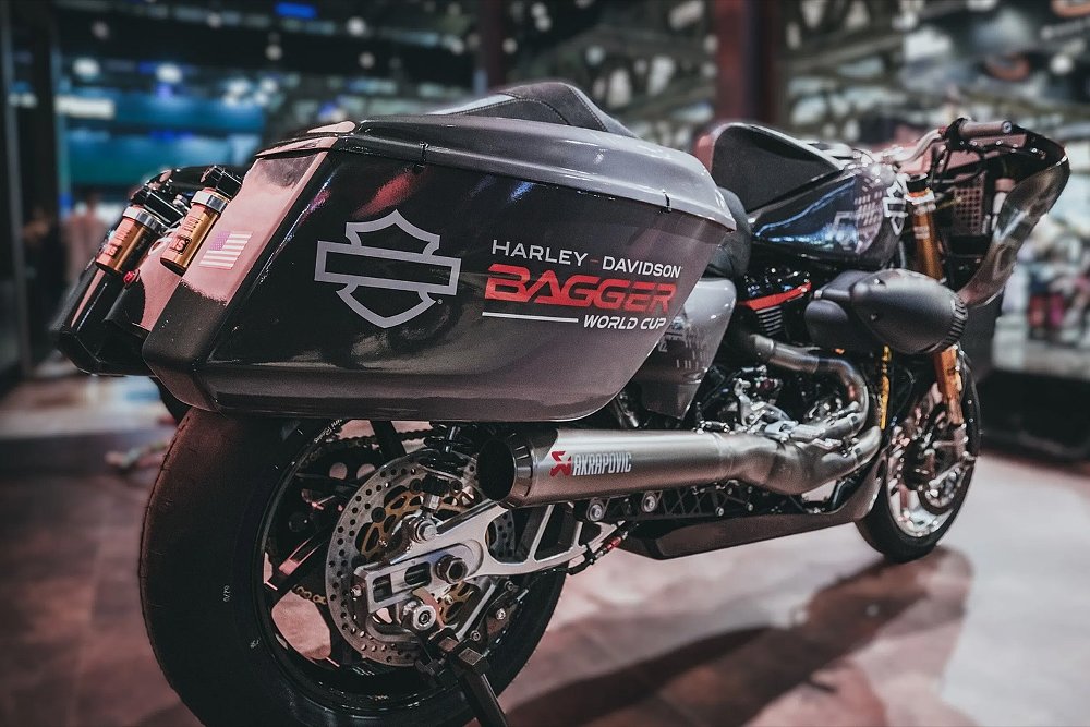 A rear three-quarters shot of a Bagger World Cup-prepped Harley-Davidson Road Glide.