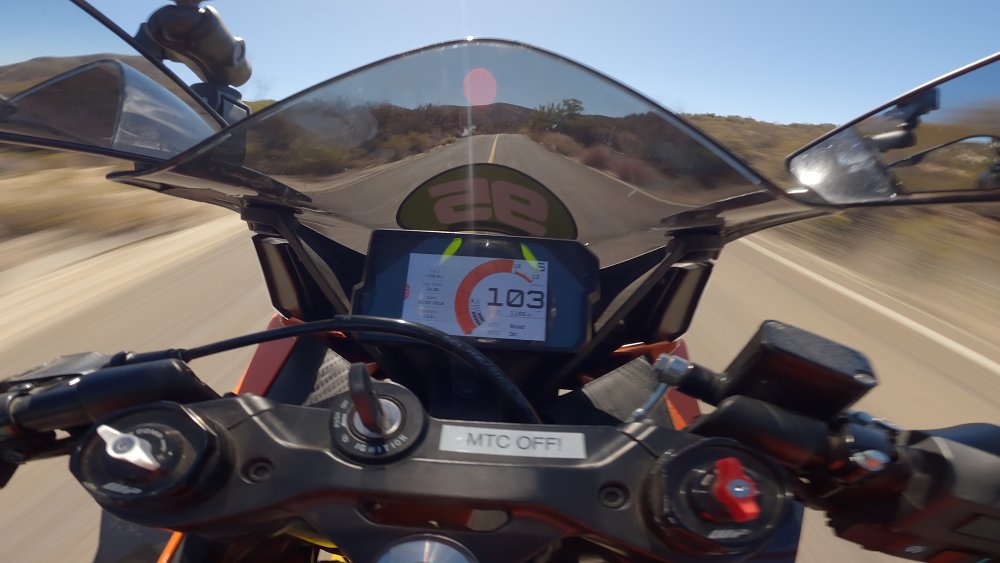 On-board image of a KTM RC390 racing along a closed public road at the San Pedro Martir Hill Climb event in Mexico.