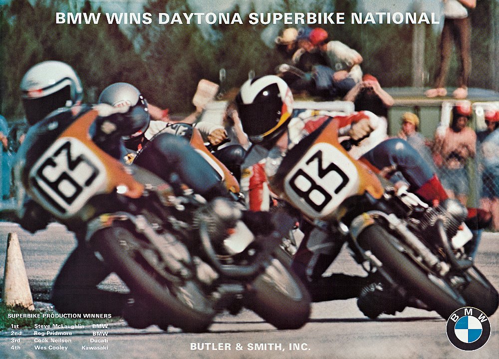 A BMW promotional poster celebrating Steve McLaughlin's 1976 Daytona 200 victory.