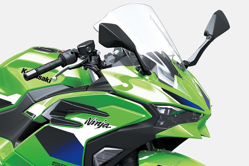A close-up of the Kawasaki Ninja 500's front fairing.