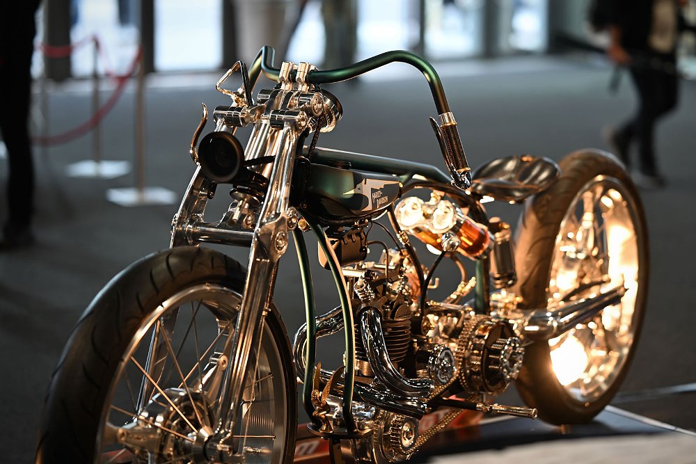 front view of the highly finished and polished custom on a stand on display