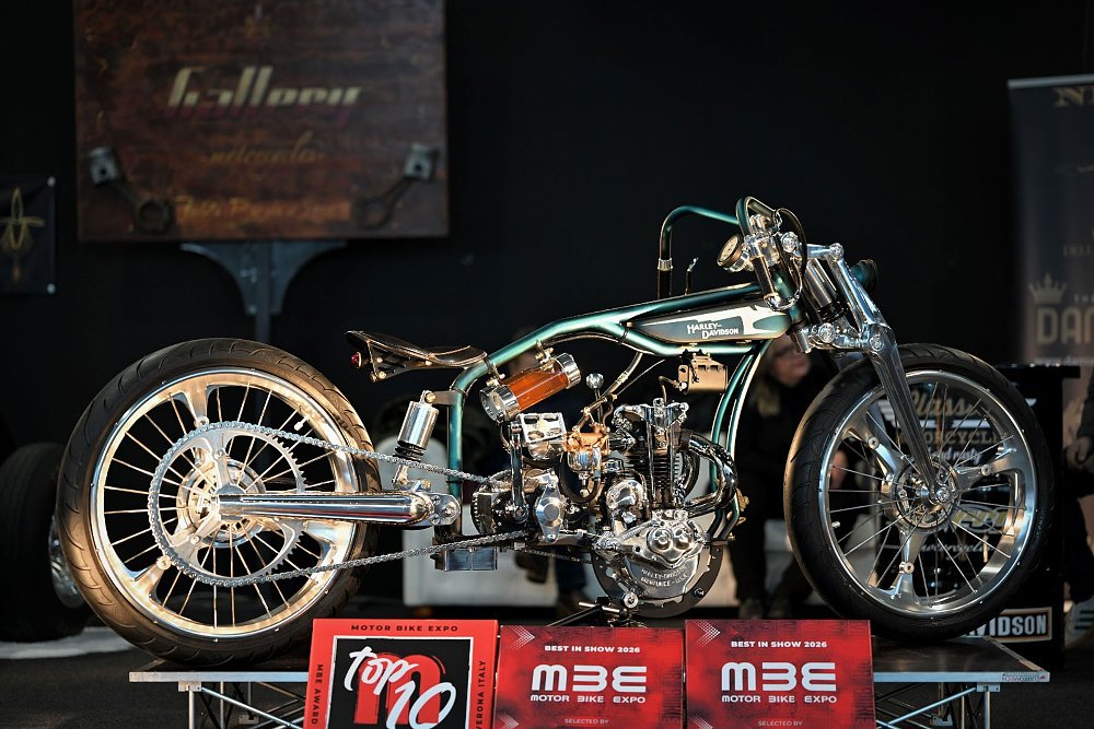 skeletal Nike custom motorcycle on display at the Verona show