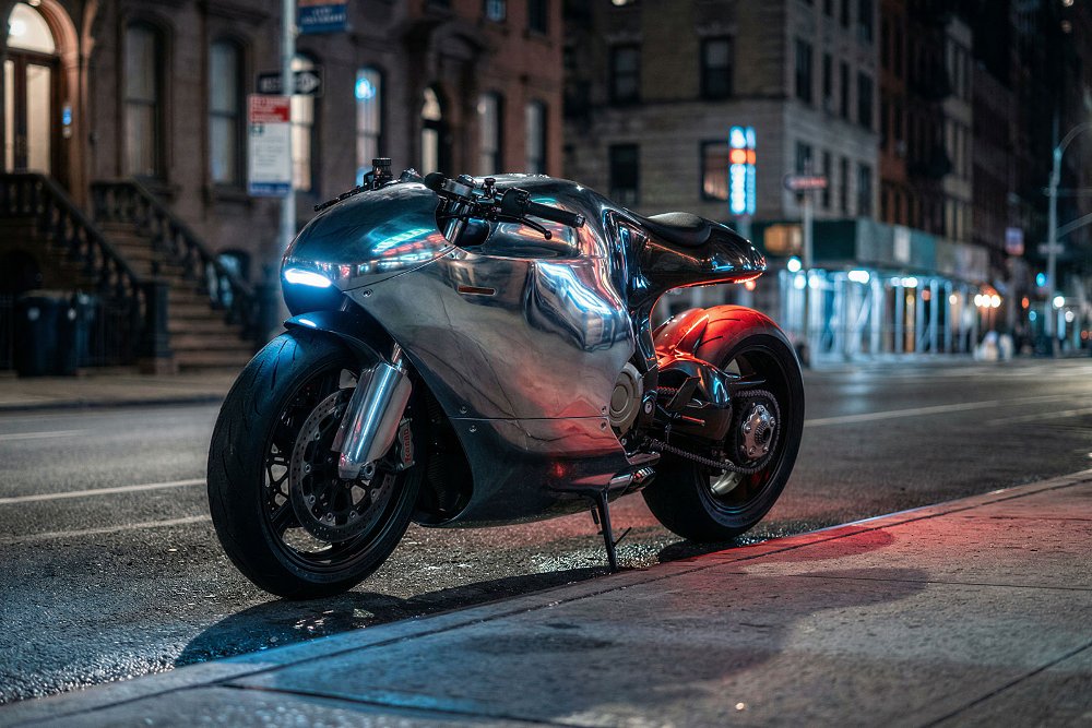futuristic sport bike with chromed bodywork