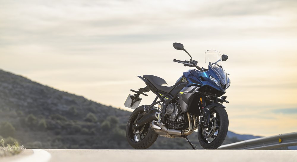 The Tiger Sport 660 parked on a mountain road in the hills of Spain