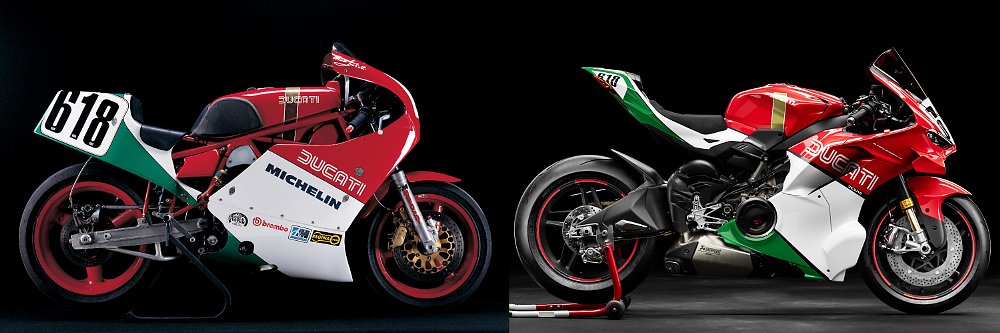 The 2026 Superleggera V4 Centenario next to Ducati’s 750 F1 Endurance Racing.