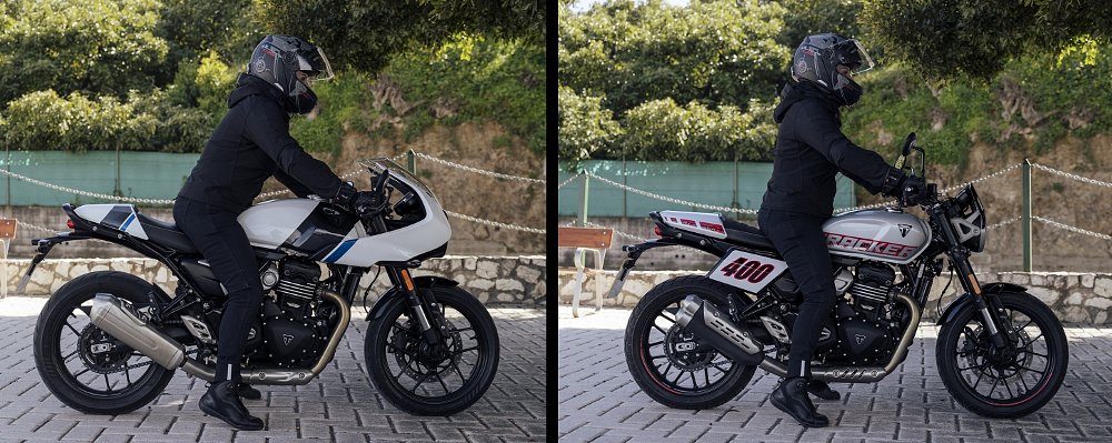 woman rider on the Thruxton and Tracker showing the more leaned-forward position on the Thruxton