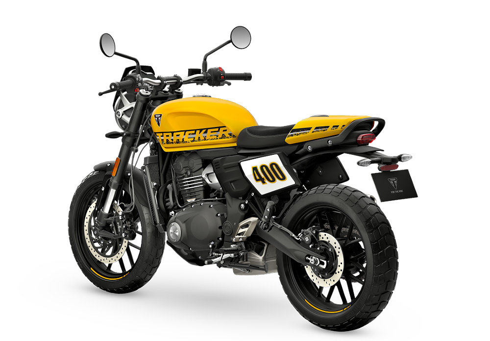 studio photo from behind of a yellow Tracker 400