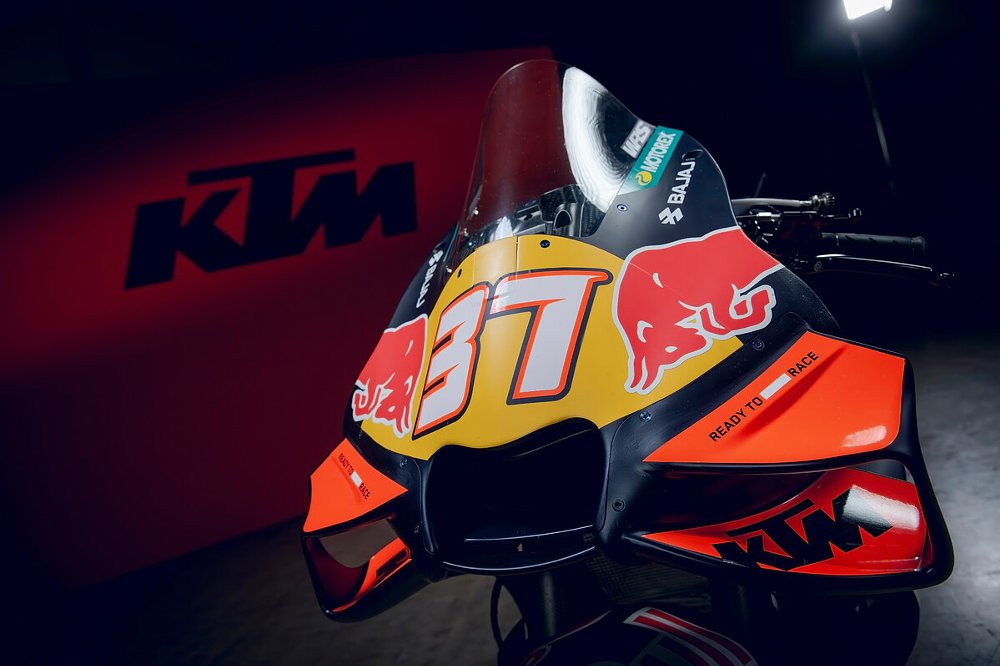Front-fairing wing detail on KTM RC16 MotoGP racing motorcycle.