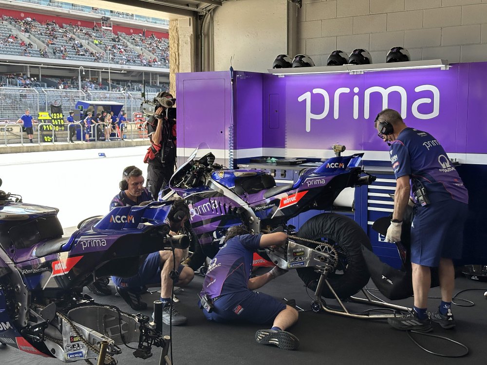 Prima Pramac Yamaha MotoGP team members work on a motorcycle at the Red Bull Grand Prix of the Americas in Austin, Texas.