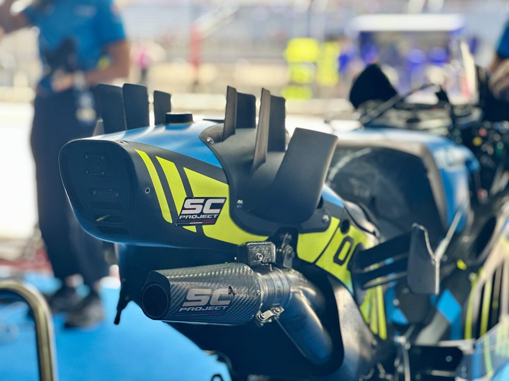 Tail-wing detail of Trackhouse Aprilia's RS-GP MotoGP racing motorcycle.