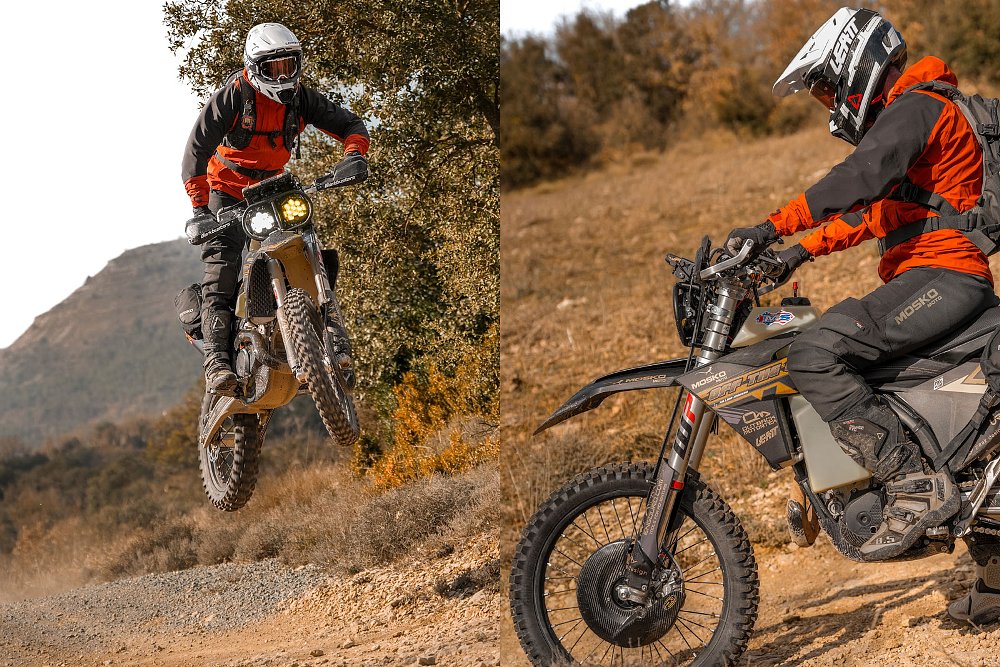 two shots of Killian Moreno riding the motorcycle on trails