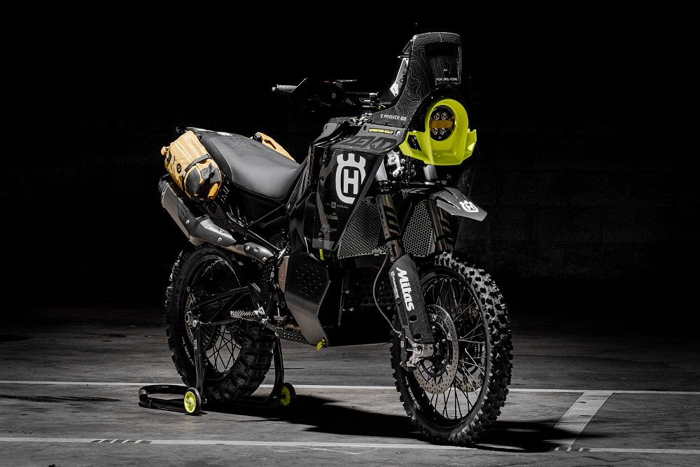 side view of the modified black Norden with yellow highlights, in rally styling