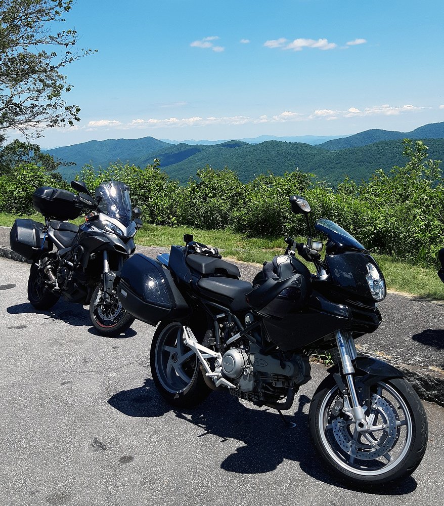 two black Multistradas, one older, one newer, at an overlook on the Blue Ridge Parkway