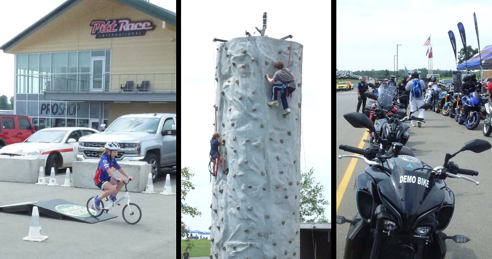 three photos: of a girl riding a bicycle over a ramp, boys scaling a climbing wall, and a row of demo motorcycles