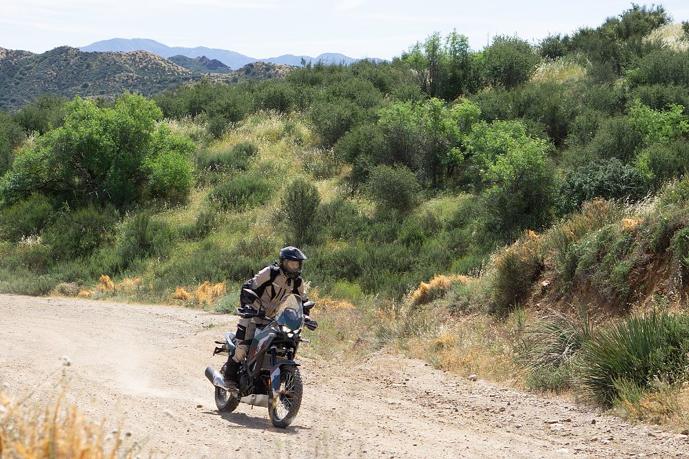 Dustin trundles along a trail aboard the KLE500 SE.