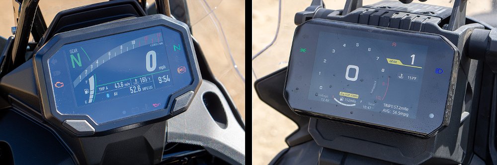 Close-up images of the KLE500 SE and Ibex 450's TFT displays.