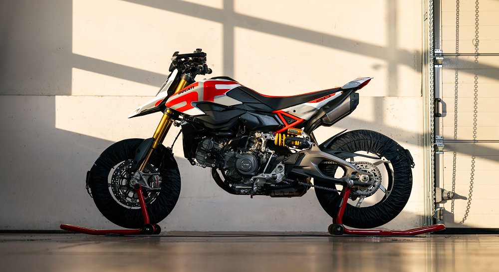 side view of the red and white Hypermotard