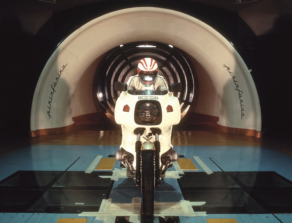 the 1976 BMW R 100 RS in a wind tunnel for testing