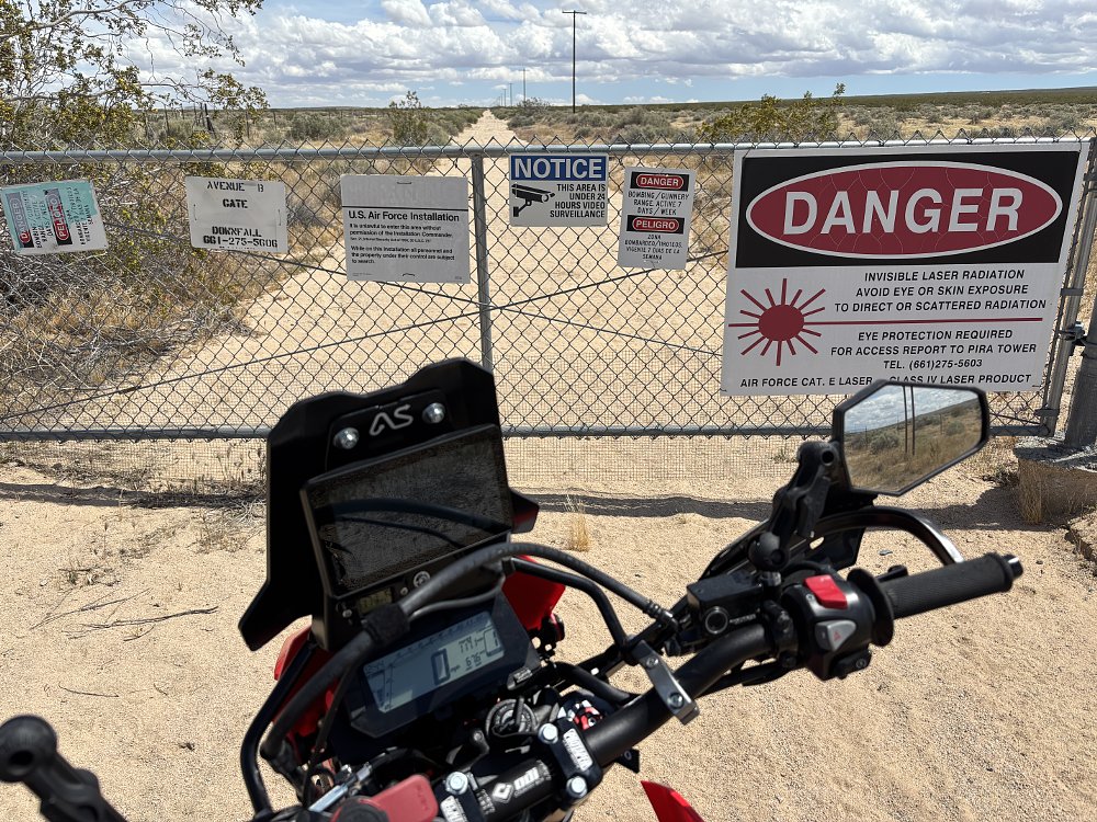 Warning signs at Edwards Air Force Base CRF300L
