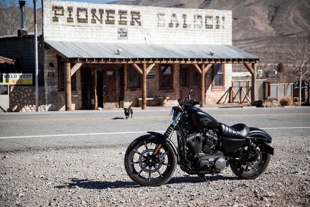 black Sportster Iron 883 parked in front of a weathered wood building with Pioneer Saloon written on it and a dog crossing the empty street