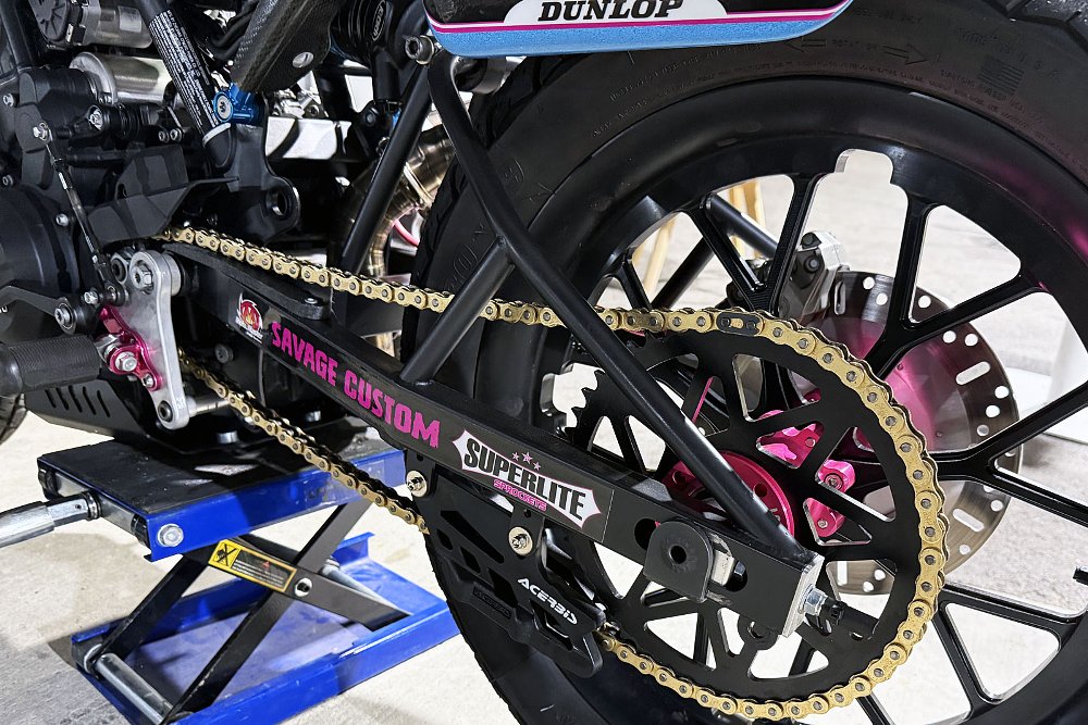 close view of rear swingarm and wheel