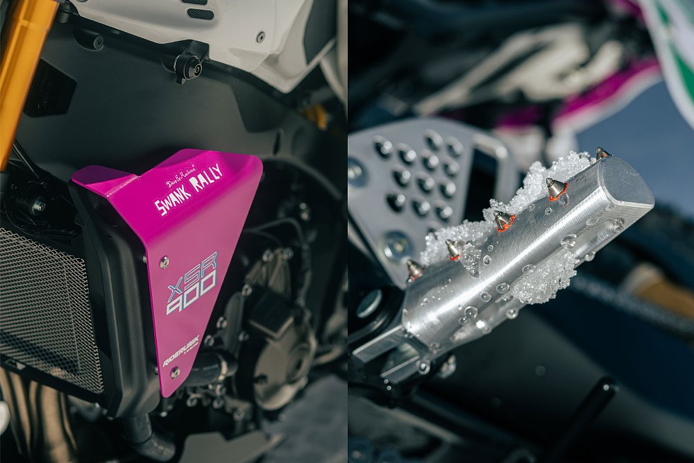 photos of details on the bike, including spiked footpegs