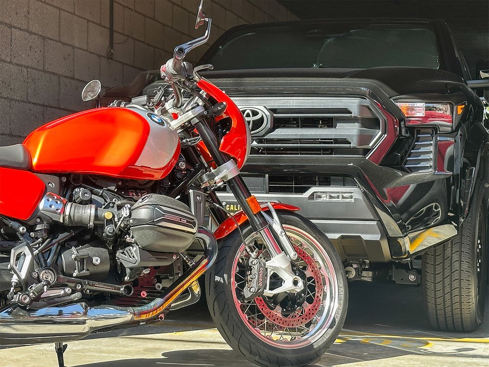 A BMW R 12 S staged in front of Dustin's Toyota Tacoma.