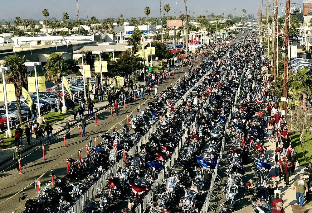 aerial view of thousands of motorcycles lined up for the beginning of the ride
